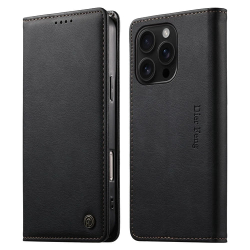 DIERFENG DF-019 for iPhone 16 Pro Leather Wallet Case Card Slots RFID Blocking Magnetic Flip Cover - Black - 1