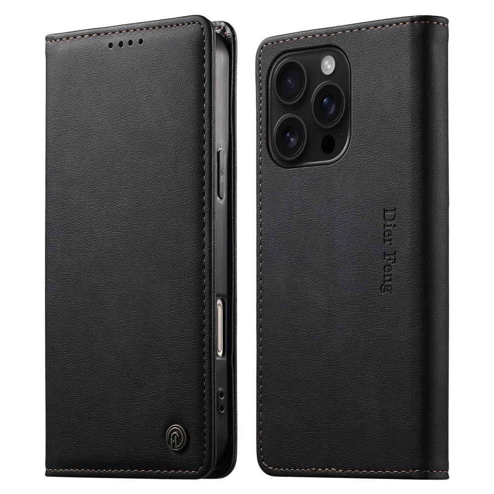 DIERFENG DF-019 for iPhone 16 Pro Leather Wallet Case Card Slots RFID Blocking Magnetic Flip Cover - Black - 1