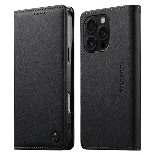 DIERFENG DF-019 for iPhone 16 Pro Leather Wallet Case Card Slots RFID Blocking Magnetic Flip Cover - Black - 1