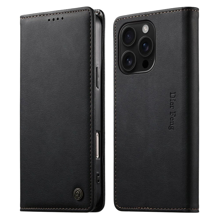 DIERFENG DF-019 for iPhone 16 Pro Leather Wallet Case Card Slots RFID Blocking Magnetic Flip Cover - Black - 1