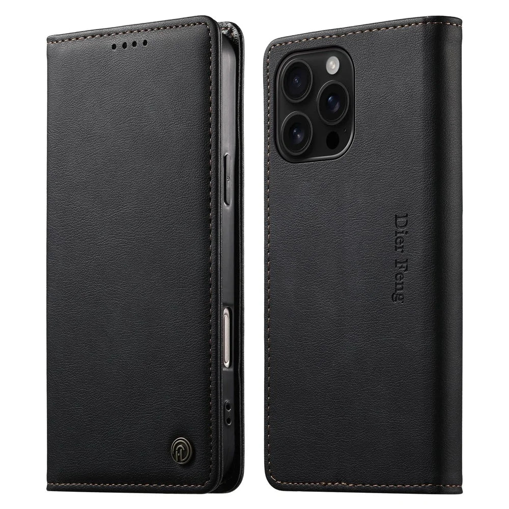DIERFENG DF-019 for iPhone 16 Pro Max Leather Wallet Case Card Slots RFID Blocking Magnetic Flip Cover - Black - 1