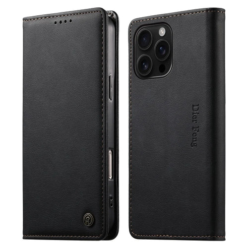 DIERFENG DF-019 for iPhone 16 Pro Max Leather Wallet Case Card Slots RFID Blocking Magnetic Flip Cover - Black - 1