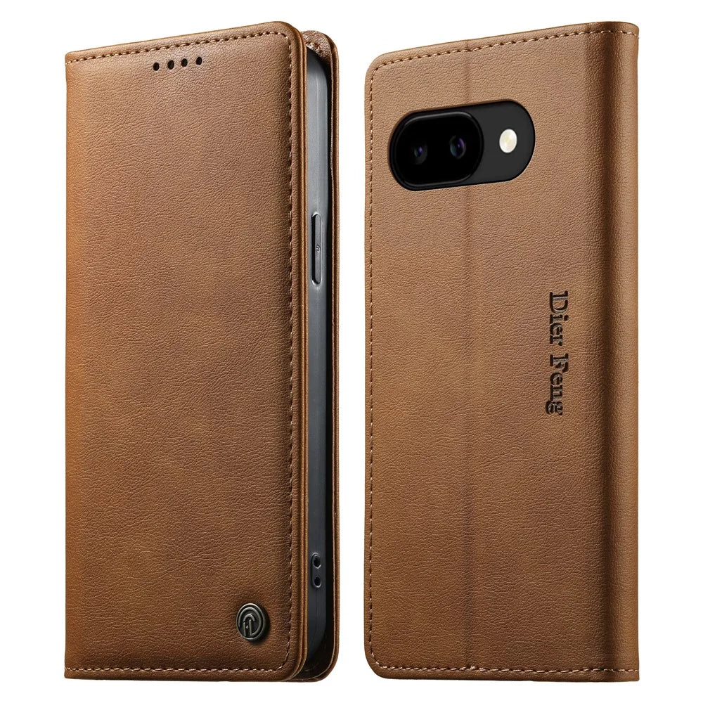 DIERFENG DF-019 for Google Pixel 9a Leather Wallet Case Magnetic Flip Cover with Card Slots RFID Blocking - Light Brown - 1
