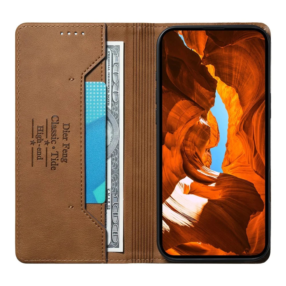 DIERFENG DF-019 for Google Pixel 10a Leather Wallet Case Magnetic Flip Cover with Card Slots RFID Blocking - Light Brown - 3
