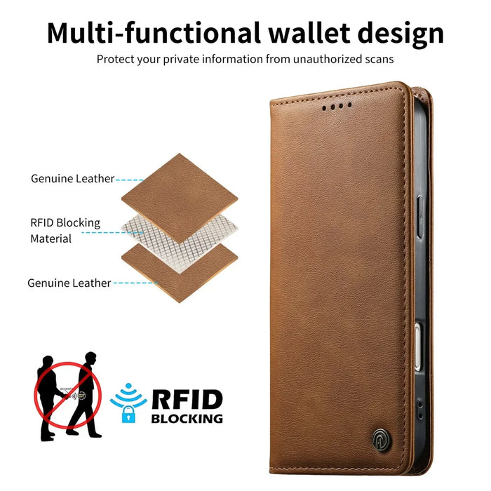 DIERFENG DF-019 for Google Pixel 10a Leather Wallet Case Magnetic Flip Cover with Card Slots RFID Blocking - Light Brown - 6