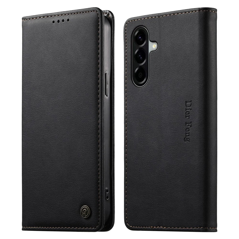 DIERFENG DF-019 for Samsung Galaxy A56 5G Leather Wallet Case Magnetic Flip Cover with Card Slots RFID Blocking - Black - 1