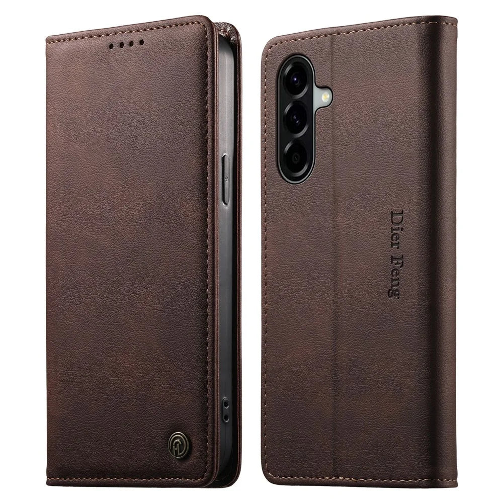 DIERFENG DF-019 for Samsung Galaxy A57 5G Leather Wallet Case Magnetic Flip Cover with Card Slots RFID Blocking - Dark Brown - 1