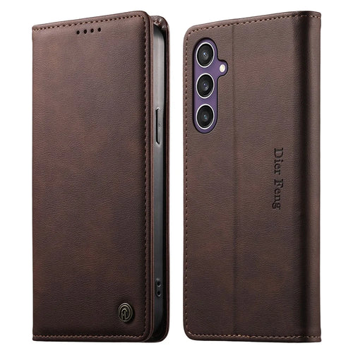 DIERFENG DF-019 for Samsung Galaxy S24  /  S25 Leather Wallet Case Magnetic Flip Cover with Card Slots RFID Blocking - Dark Brown - 1