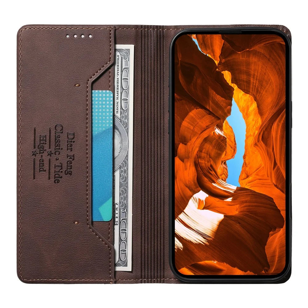 DIERFENG DF-019 for Samsung Galaxy S24  /  S25 Leather Wallet Case Magnetic Flip Cover with Card Slots RFID Blocking - Dark Brown - 3