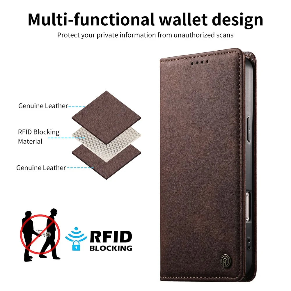 DIERFENG DF-019 for Samsung Galaxy S24  /  S25 Leather Wallet Case Magnetic Flip Cover with Card Slots RFID Blocking - Dark Brown - 6