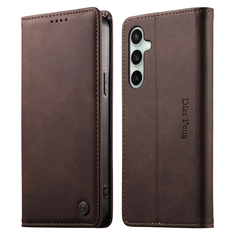 DIERFENG DF-019 for Samsung Galaxy S24 FE Leather Wallet Case Magnetic Flip Cover with Card Slots RFID Blocking - Dark Brown - 1