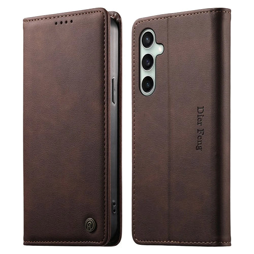 DIERFENG DF-019 for Samsung Galaxy S24 FE Leather Wallet Case Magnetic Flip Cover with Card Slots RFID Blocking - Dark Brown - 1