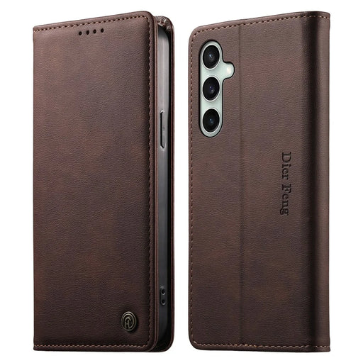 DIERFENG DF-019 for Samsung Galaxy S24 FE Leather Wallet Case Magnetic Flip Cover with Card Slots RFID Blocking - Dark Brown - 1