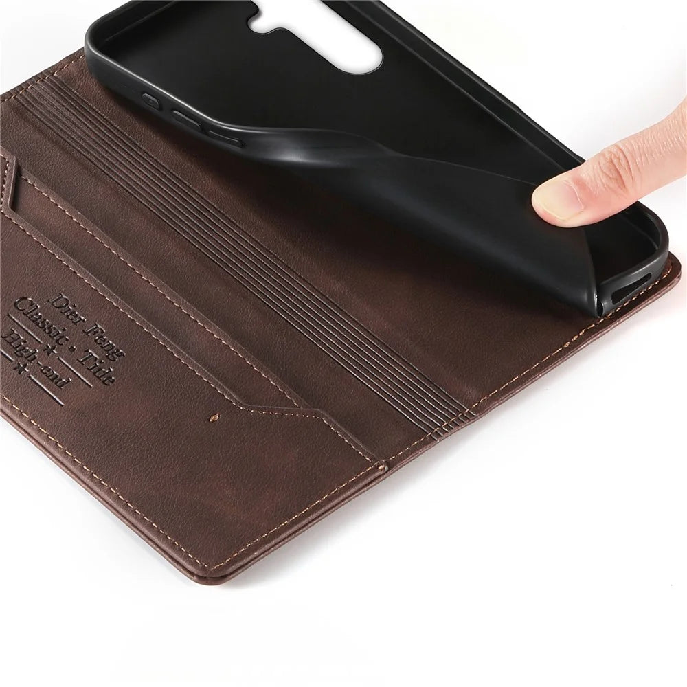 DIERFENG DF-019 for Samsung Galaxy S24 FE Leather Wallet Case Magnetic Flip Cover with Card Slots RFID Blocking - Dark Brown - 5