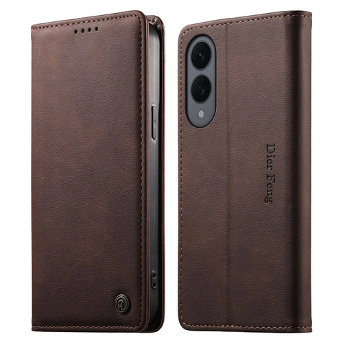 DIERFENG DF-019 for Samsung Galaxy S25 Edge Leather Wallet Case Magnetic Flip Cover with Card Slots RFID Blocking - Dark Brown - 1