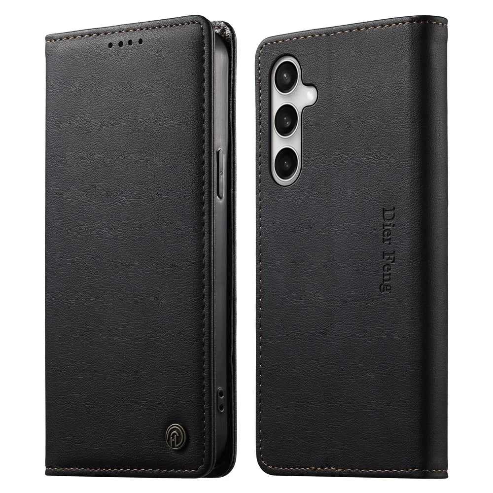 DIERFENG DF-019 for Samsung Galaxy S25 FE Leather Wallet Case Magnetic Flip Cover with Card Slots RFID Blocking - Black - 1