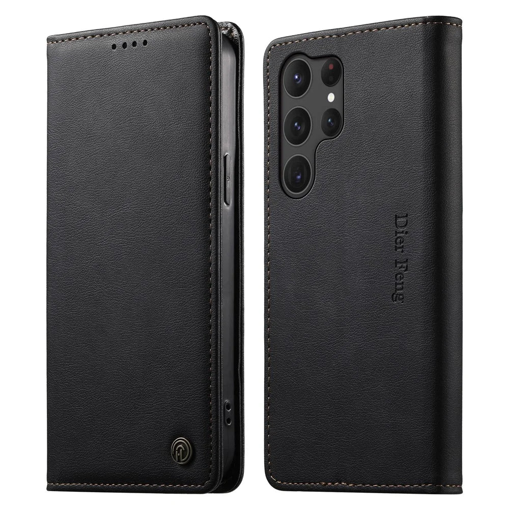 DIERFENG DF-019 for Samsung Galaxy S25 Ultra Leather Wallet Case Magnetic Flip Cover with Card Slots RFID Blocking - Black - 1