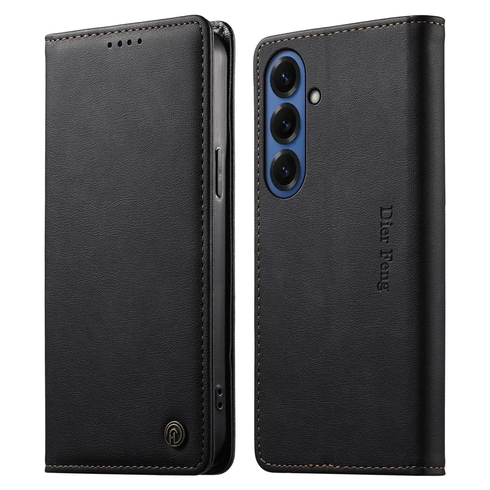 DIERFENG DF-019 for Samsung Galaxy S26+ Leather Wallet Case Magnetic Flip Cover with Card Slots RFID Blocking - Black - 1