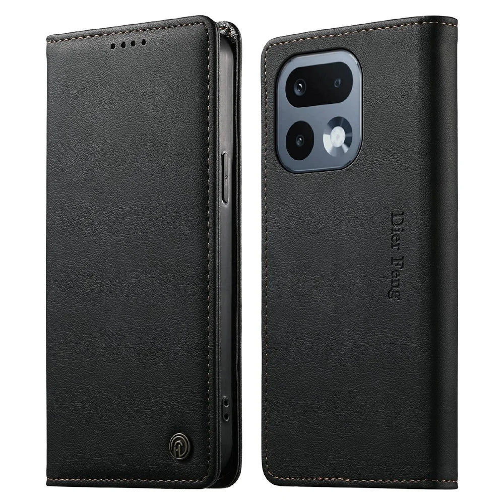 DIERFENG DF-019 for Realme 16 Pro 5G Leather Wallet Case Card Slots RFID Blocking Magnetic Flip Cover - Black - 1