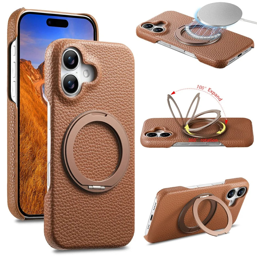 For iPhone 17 Magnetic Case PC PU Phone Cover with 360 Rotating Ring Kickstand - Brown - 1