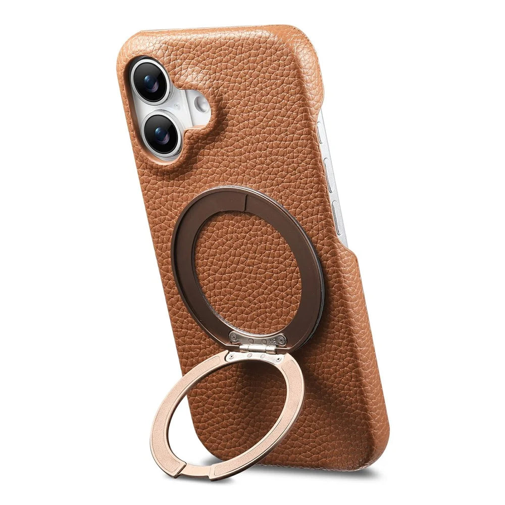For iPhone 17 Magnetic Case PC PU Phone Cover with 360 Rotating Ring Kickstand - Brown - 3