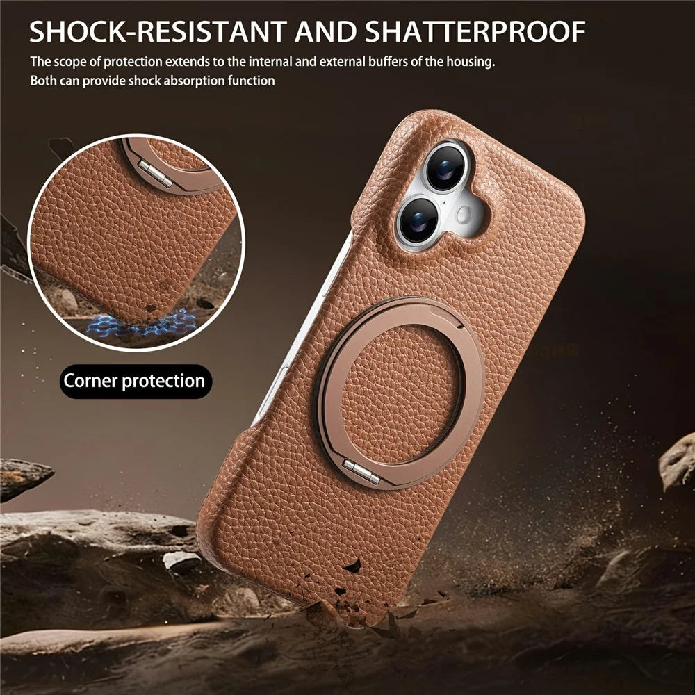For iPhone 17 Magnetic Case PC PU Phone Cover with 360 Rotating Ring Kickstand - Brown - 5