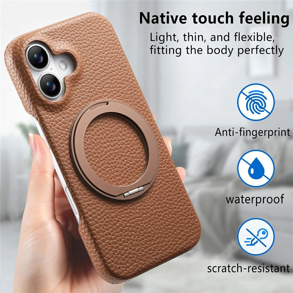 For iPhone 17 Magnetic Case PC PU Phone Cover with 360 Rotating Ring Kickstand - Brown - 7