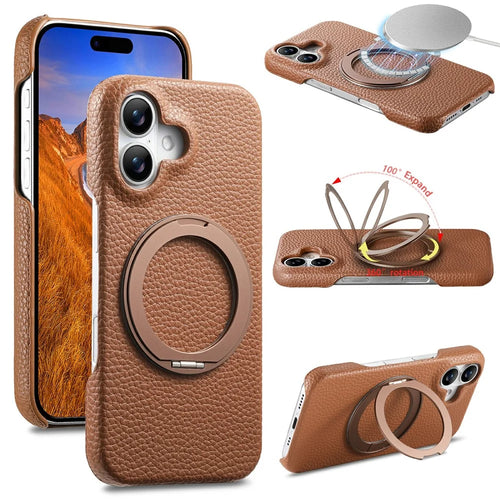 For iPhone 16 Magnetic Case PC PU Phone Cover with 360 Rotating Ring Kickstand - Brown - 1