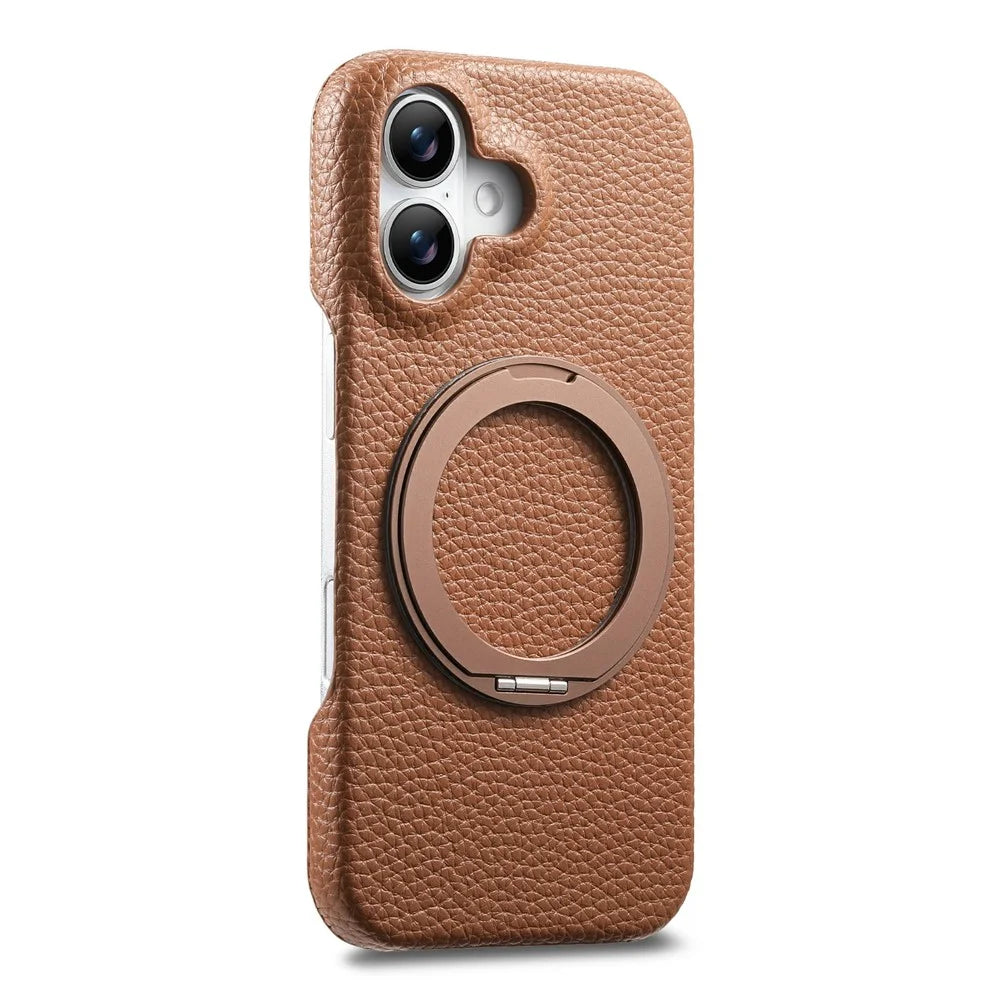 For iPhone 16 Magnetic Case PC PU Phone Cover with 360 Rotating Ring Kickstand - Brown - 2