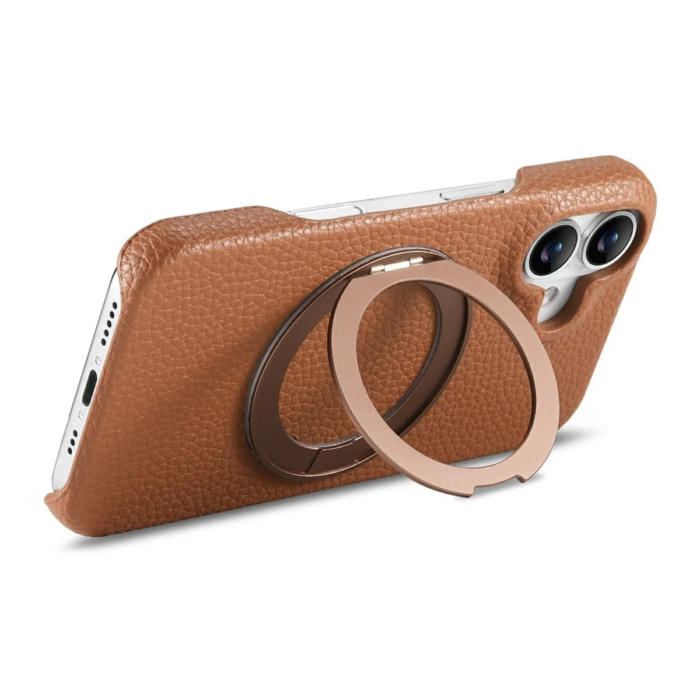 For iPhone 16 Magnetic Case PC PU Phone Cover with 360 Rotating Ring Kickstand - Brown - 4