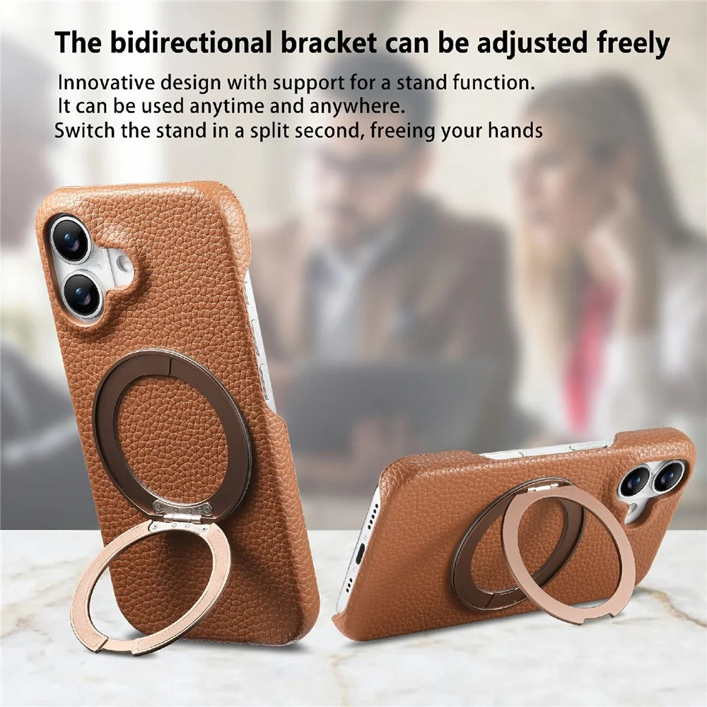 For iPhone 16 Magnetic Case PC PU Phone Cover with 360 Rotating Ring Kickstand - Brown - 6