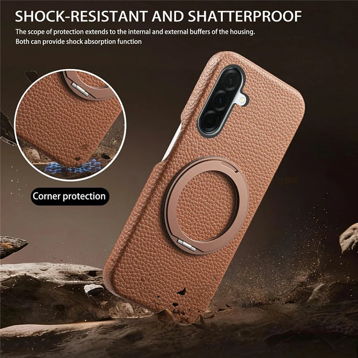 For Samsung Galaxy A37 5G Magnetic Case PC PU Phone Cover with 360 Rotating Ring Kickstand - Brown - 3