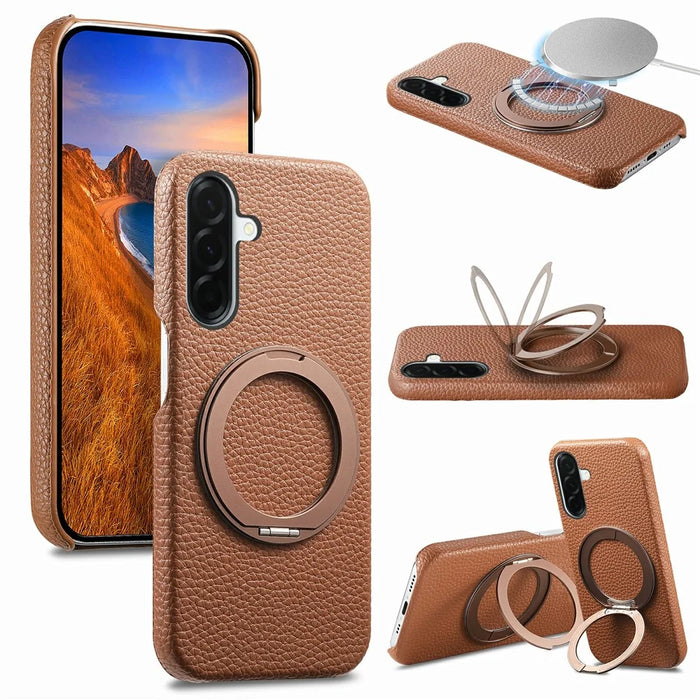 For Samsung Galaxy A36 5G Magnetic Case PC PU Phone Cover with 360 Rotating Ring Kickstand - Brown - 1