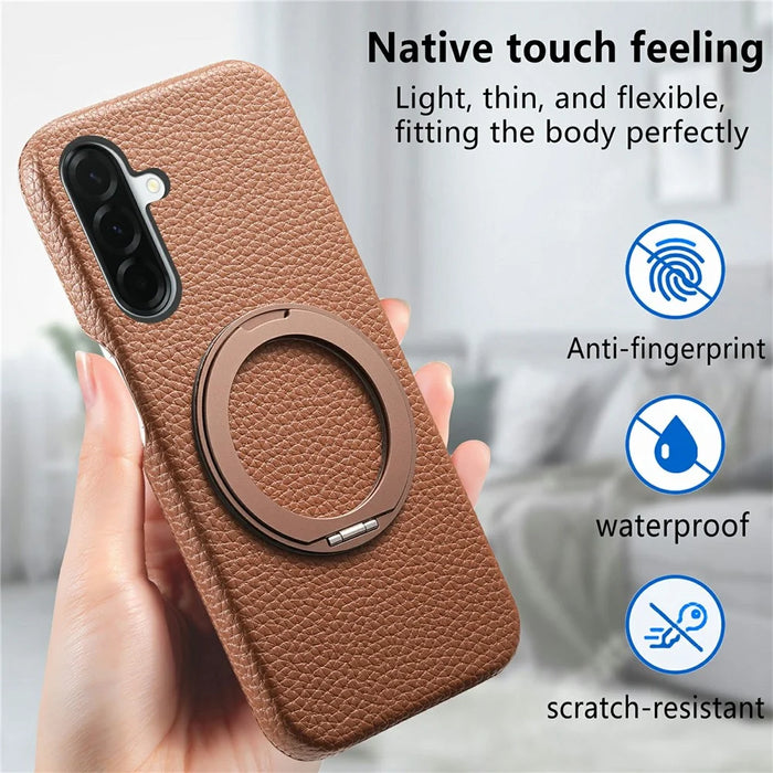 For Samsung Galaxy A36 5G Magnetic Case PC PU Phone Cover with 360 Rotating Ring Kickstand - Brown - 4