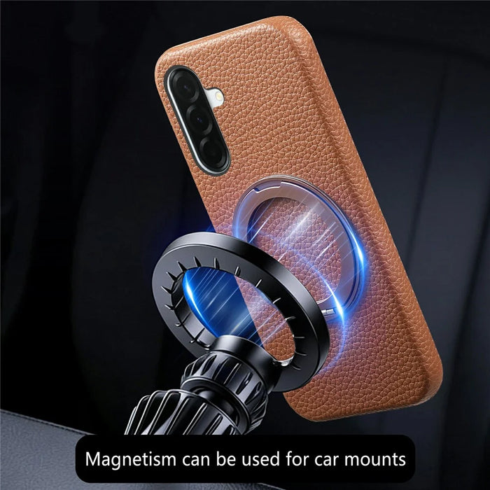 For Samsung Galaxy A36 5G Magnetic Case PC PU Phone Cover with 360 Rotating Ring Kickstand - Brown - 5