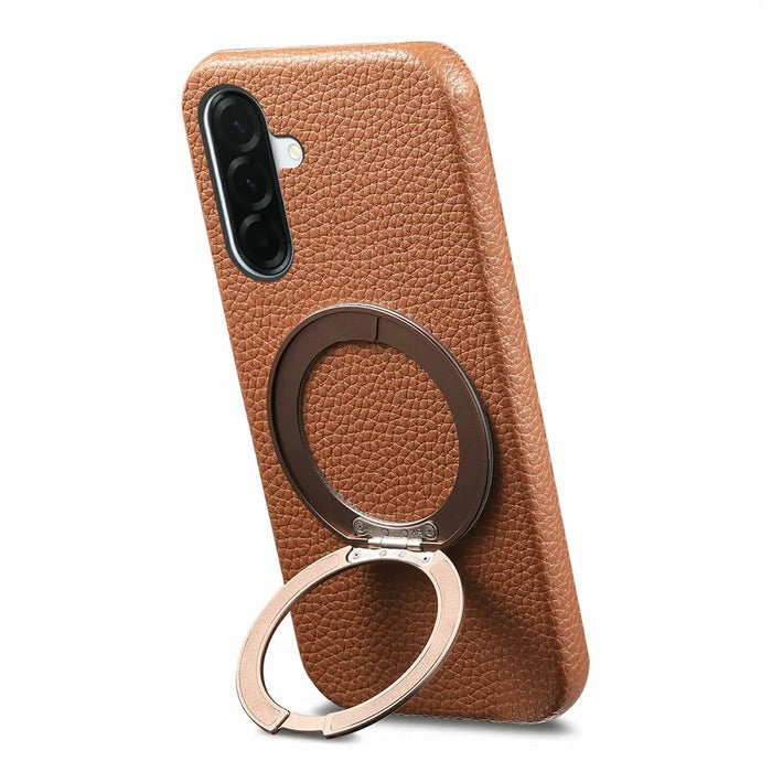 For Samsung Galaxy A26 5G Magnetic Case PC PU Phone Cover with 360 Rotating Ring Kickstand - Brown - 2