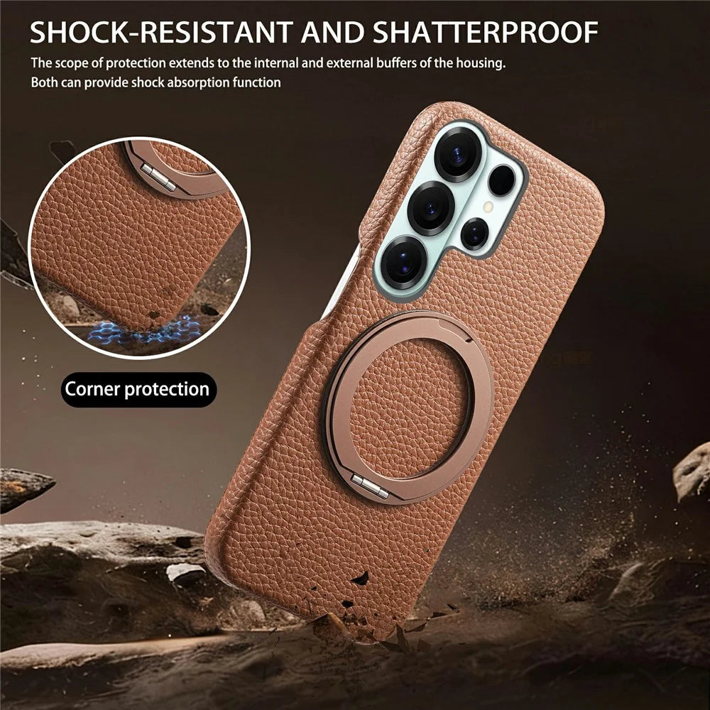 For Samsung Galaxy S26 Ultra Magnetic Case PC PU Phone Cover with 360 Rotating Ring Kickstand - Brown - 3