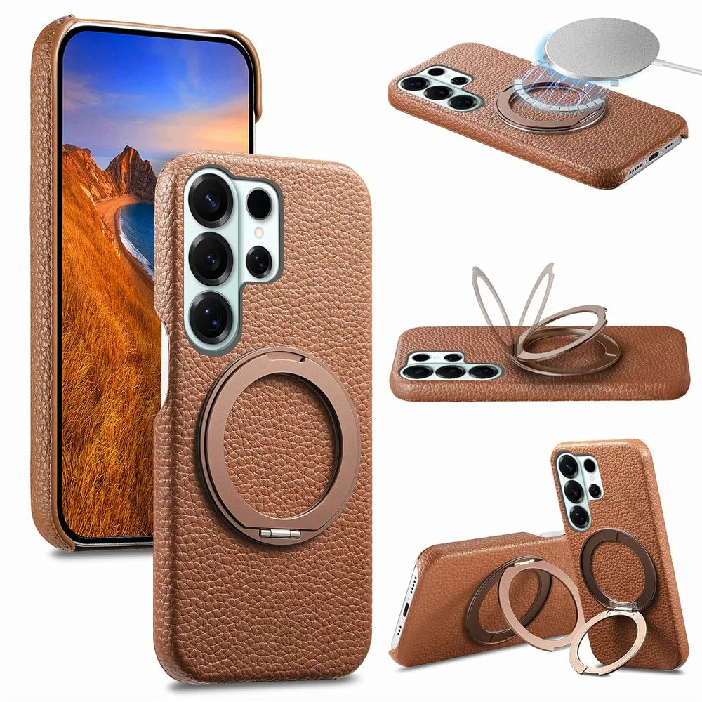 For Samsung Galaxy S25 Ultra Magnetic Case PC PU Phone Cover with 360 Rotating Ring Kickstand - Brown - 1