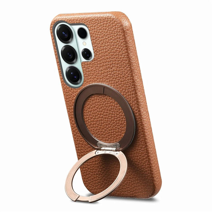 For Samsung Galaxy S25 Ultra Magnetic Case PC PU Phone Cover with 360 Rotating Ring Kickstand - Brown - 2