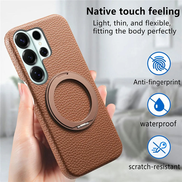 For Samsung Galaxy S25 Ultra Magnetic Case PC PU Phone Cover with 360 Rotating Ring Kickstand - Brown - 4