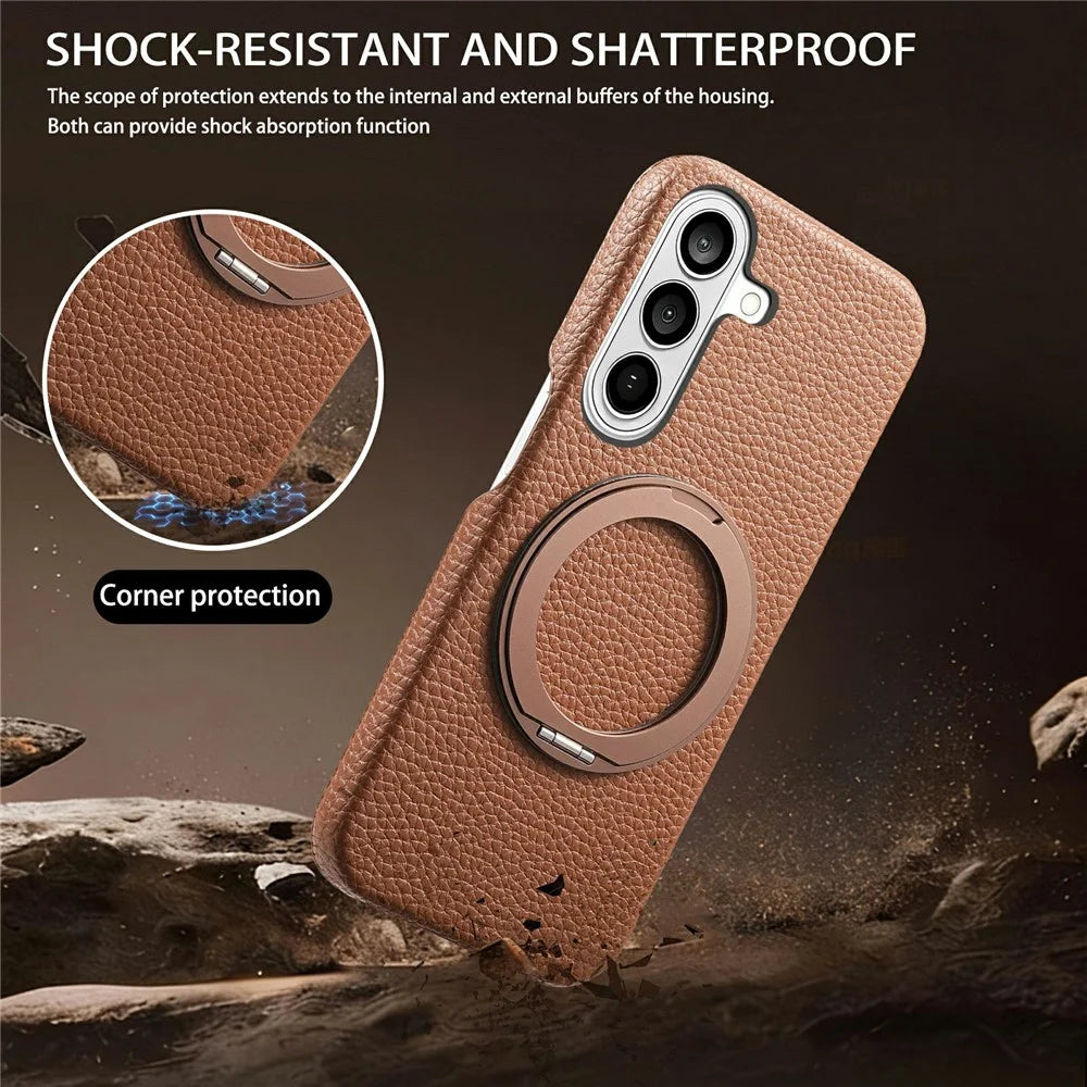 For Samsung Galaxy S26 Magnetic Case PC PU Phone Cover with 360 Rotating Ring Kickstand - Brown - 3