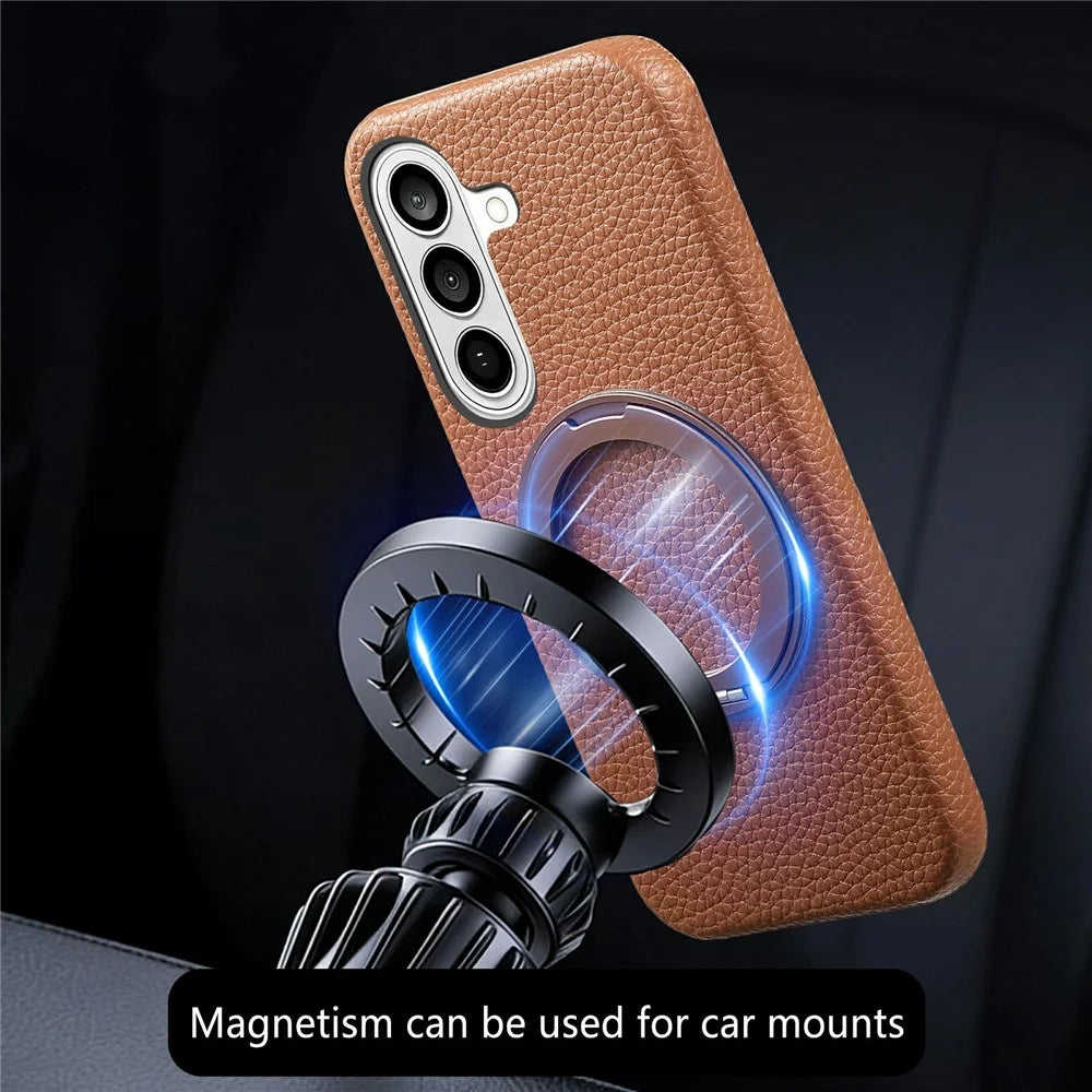 For Samsung Galaxy S26 Magnetic Case PC PU Phone Cover with 360 Rotating Ring Kickstand - Brown - 5