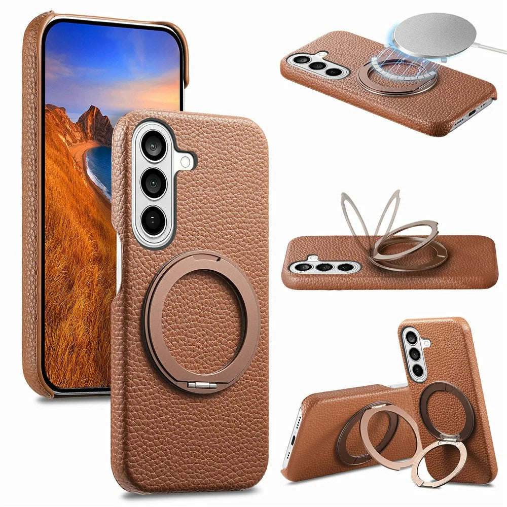 For Samsung Galaxy S25 Magnetic Case PC PU Phone Cover with 360 Rotating Ring Kickstand - Brown - 1