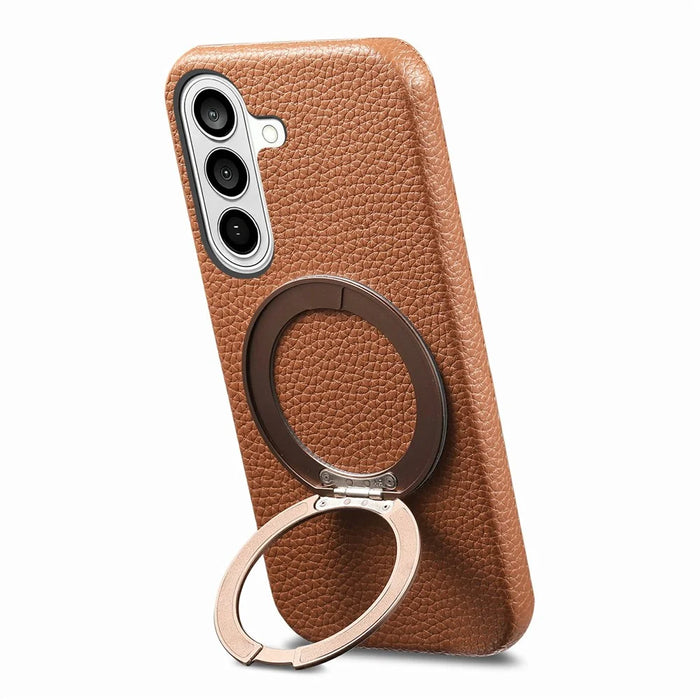 For Samsung Galaxy S25+ Magnetic Case PC PU Phone Cover with 360 Rotating Ring Kickstand - Brown - 2
