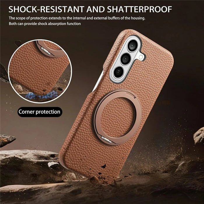 For Samsung Galaxy S25+ Magnetic Case PC PU Phone Cover with 360 Rotating Ring Kickstand - Brown - 3