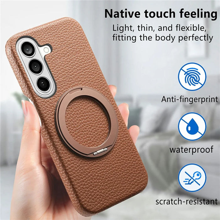 For Samsung Galaxy S25+ Magnetic Case PC PU Phone Cover with 360 Rotating Ring Kickstand - Brown - 4