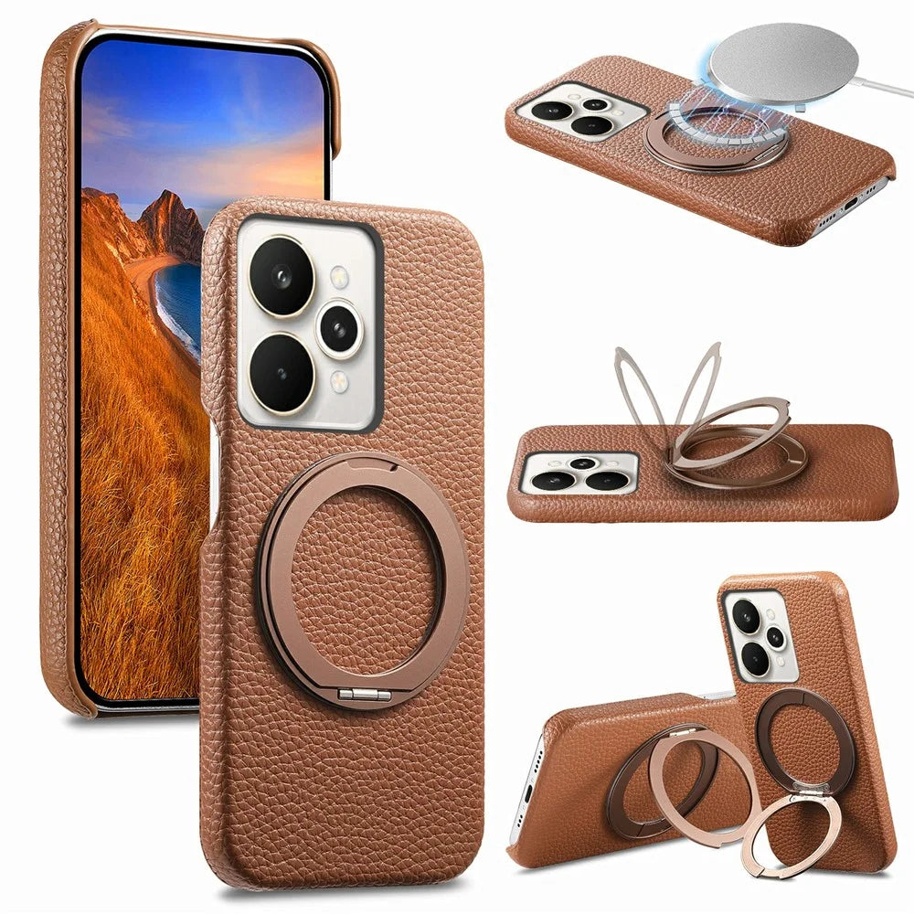 For Realme 15 Pro 5G Magnetic Case PC PU Phone Cover with 360 Rotating Ring Kickstand - Brown - 1