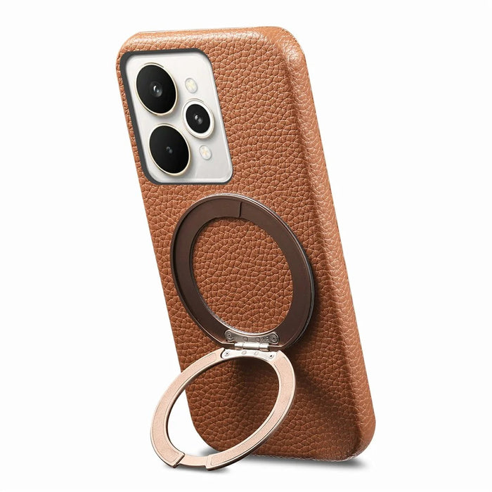For Realme 15 Pro 5G Magnetic Case PC PU Phone Cover with 360 Rotating Ring Kickstand - Brown - 2