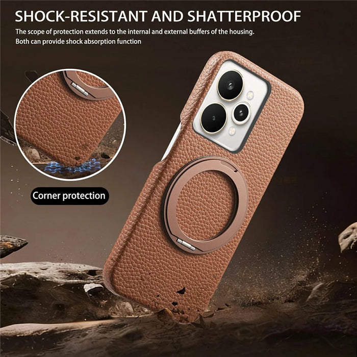 For Realme 15 Pro 5G Magnetic Case PC PU Phone Cover with 360 Rotating Ring Kickstand - Brown - 3