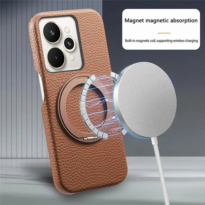 For Realme 15 Pro 5G Magnetic Case PC PU Phone Cover with 360 Rotating Ring Kickstand - Brown - 6